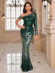 UNITHORSE One Shoulder Sequin Prom Dress Elegant Long Sleeve Formal Evening Wedding Guest Gown, For Graduation, Dinner