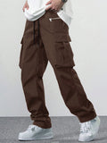 Manfinity EMRG Loose Men's Cargo Pants With Drawstring Waist Baggy Long Plain Black Going Out - MapleCo