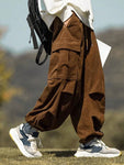 Manfinity Hypemode Loose Men's Cargo Pants With Flap Pockets Side Drawstring Waist Oversize Long Plain Going Out