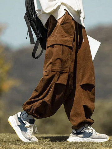 Manfinity Hypemode Loose Men's Cargo Pants With Flap Pockets Side Drawstring Waist Oversize Long Plain Going Out