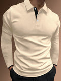 Manfinity Homme Men Contrast Trim Long Sleeve Half Button Collar Work Casual Polo Shirt For Husband