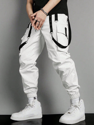 Manfinity EMRG Men Flap Pocket Buckle Detail Cargo Pants Long Slacks Plain All White Going Out - MapleCo