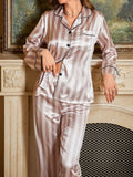 Shein CoupledUp Striped Print Contrast Piping Satin PJ Set / Pajama Set