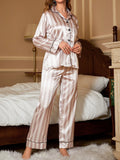 Shein CoupledUp Striped Print Contrast Piping Satin PJ Set / Pajama Set