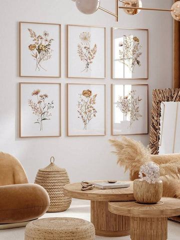 6pcs Set Wildflower Botanical Floral Art Painting Watercolor Plant Nature Flower Poster Canvas Print Nordic Minimalist Modern Wall Picture for Living Room,Bedroom,Office Room,Kitchen,Home Decor,Frameless