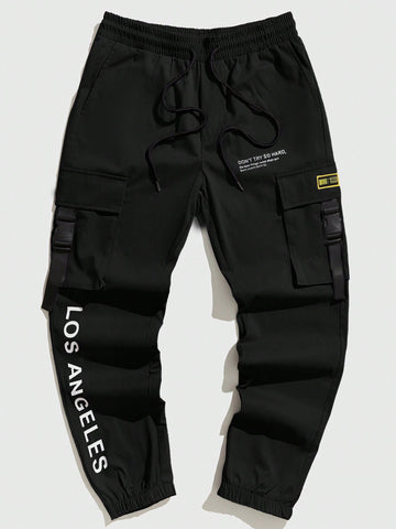 Manfinity EMRG Men Slogan Graphic Flap Pocket Buckle Detail Cargo Pants