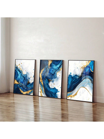 Set Of 3 Luxury Blue And Gold Abstract Canvas Prints, Abstract Art, Minimalist Style, Perfect For Bedroom Decor, Home Decor And Wall Art! (Unframed)