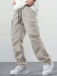 Manfinity EMRG Loose Men's Cargo Pants With Drawstring Waist Baggy Long Plain Black Going Out - MapleCo