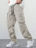 Manfinity EMRG Loose Men's Cargo Pants With Drawstring Waist Baggy Long Plain Black Going Out - MapleCo