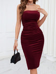 SHEIN Privé Ruched Velvet Tube Bodycon Dress