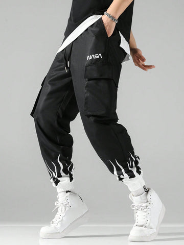 Manfinity EMRG Men's Loose Fit Cargo Pants With Letter Print Design And Drawstring Waist Long Plain Black Going Out