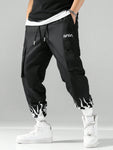 Manfinity EMRG Men's Loose Fit Cargo Pants With Letter Print Design And Drawstring Waist Long Plain Black Going Out