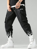 Manfinity EMRG Men's Loose Fit Cargo Pants With Letter Print Design And Drawstring Waist Long Plain Black Going Out