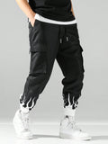 Manfinity EMRG Men's Loose Fit Cargo Pants With Letter Print Design And Drawstring Waist Long Plain Black Going Out