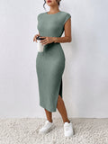 SHEIN Frenchy Summer Leisure Side Split Slim Bodycon Dress, Fit Knitted Ribbed Casual Summer Dress,Cap Sleeve Teacher Dress