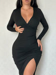 SHEIN Foxxy Plunging Neck Split Thigh Ruched Bodycon Dress