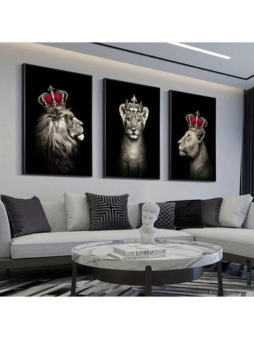 3pcs/set Abstract Male And Female Lions Wearing Crown Poster, Wall Art Paintings, Living Room Art Decoration, Frameless Canvas Print - MapleCo