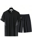 Summer New Men's Casual Sports Running Breathable Iced Silk Short Sleeve T-Shirt And Shorts Set Gym Clothes Men, Athletic Suit, Tracksuit Men Shorts Set