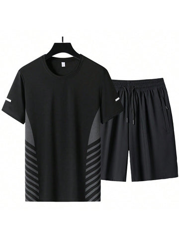 Summer New Men's Casual Sports Running Breathable Iced Silk Short Sleeve T-Shirt And Shorts Set Gym Clothes Men, Athletic Suit, Tracksuit Men Shorts Set