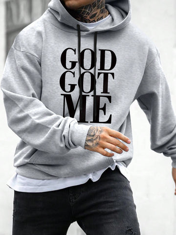 Men's Warm Hoodie With Slogan Print And Inner Lining