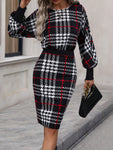 SHEIN Clasi Plaid Lantern Sleeve Bodycon Dress - MapleCo