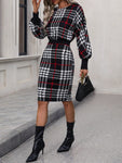 SHEIN Clasi Plaid Lantern Sleeve Bodycon Dress - MapleCo