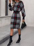 SHEIN Clasi Plaid Lantern Sleeve Bodycon Dress - MapleCo