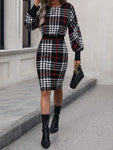 SHEIN Clasi Plaid Lantern Sleeve Bodycon Dress - MapleCo