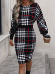 SHEIN Clasi Plaid Lantern Sleeve Bodycon Dress - MapleCo