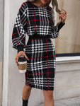 SHEIN Clasi Plaid Lantern Sleeve Bodycon Dress