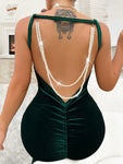 SHEIN Allurite Pearls Beaded Backless Ruched Velvet Bodycon Dress