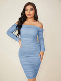 SHEIN SXY Off Shoulder Ruched Mesh Overlay Bodycon Dress