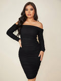 SHEIN SXY Off Shoulder Ruched Mesh Overlay Bodycon Dress