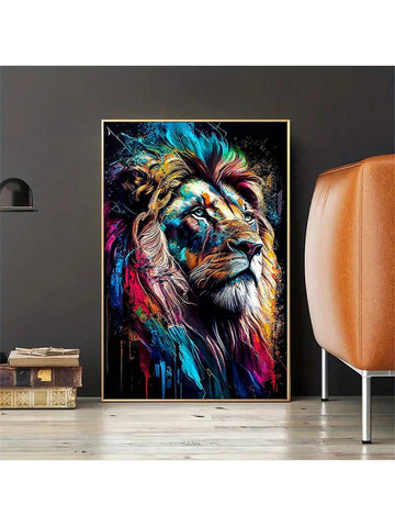 1Pc Frameless Colorful Lion Canvas Painting Wildlife Animal Poster Abstract Wall Art Living Room Bedroom Bathroom Office Hallway Kitchen Home Decor No Frame - MapleCo