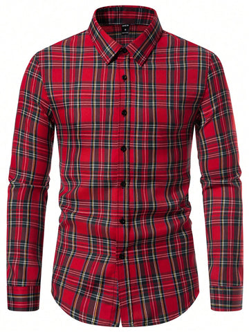 Manfinity Homme Men's Simple Red Black Plaid Long Sleeve Shirt, Button Up Graphic Casual Shirt For Party