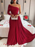 Solid Color Elegant Pleated Long Sleeve Dress With Asymmetric Neckline