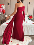 Solid Color Elegant Pleated Long Sleeve Dress With Asymmetric Neckline