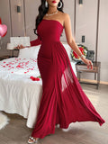 Solid Color Elegant Pleated Long Sleeve Dress With Asymmetric Neckline