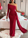 Solid Color Elegant Pleated Long Sleeve Dress With Asymmetric Neckline