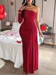 Solid Color Elegant Pleated Long Sleeve Dress With Asymmetric Neckline