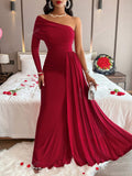 Solid Color Elegant Pleated Long Sleeve Dress With Asymmetric Neckline