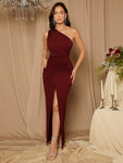 SHEIN Belle Burgundy Red Bridesmaid Dress With Single-Shoulder Twist Detail And High Slit