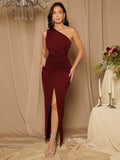 SHEIN Belle Burgundy Red Bridesmaid Dress With Single-Shoulder Twist Detail And High Slit