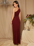 SHEIN Belle Burgundy Red Bridesmaid Dress With Single-Shoulder Twist Detail And High Slit