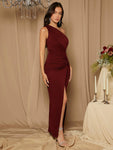 SHEIN Belle Burgundy Red Bridesmaid Dress With Single-Shoulder Twist Detail And High Slit