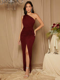 SHEIN Belle Burgundy Red Bridesmaid Dress With Single-Shoulder Twist Detail And High Slit