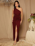 SHEIN Belle Burgundy Red Bridesmaid Dress With Single-Shoulder Twist Detail And High Slit