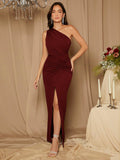 SHEIN Belle Burgundy Red Bridesmaid Dress With Single-Shoulder Twist Detail And High Slit