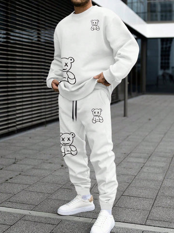 Manfinity Men's Cartoon Printed Fleece Sweatshirt And Pants Set