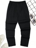 Manfinity Hypemode Loose Men's Letter Detail Cargo Pants With Pockets Drawstring Waist And Side Details Plain Black Going Out